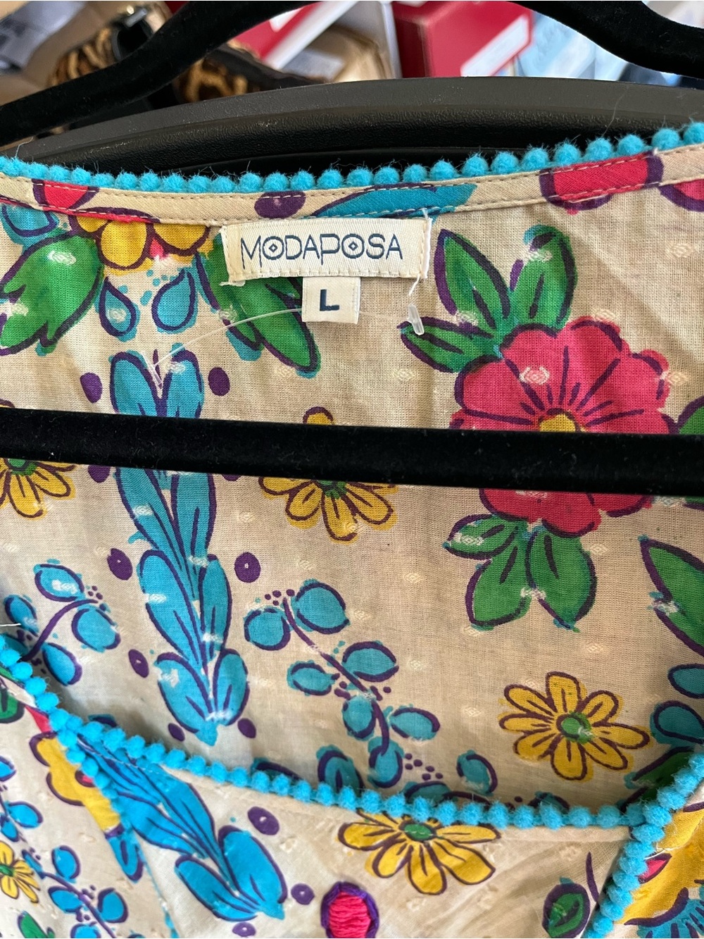 Modaposa Floral Cotton Dress in Beige with Teal Trim